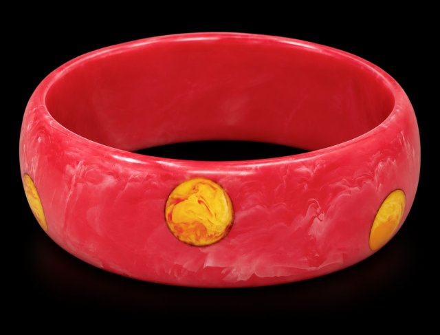 vintage color restored marbled pink with marbled yellow dots bakelite bangle